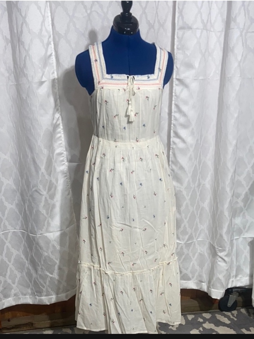 Old Navy White Embroidered Maxi Dress with Tassel Tie